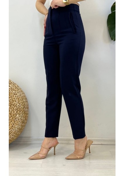 Lacivert Yüksek Bel Krep Kumaş Havuç Pantolon modelleri