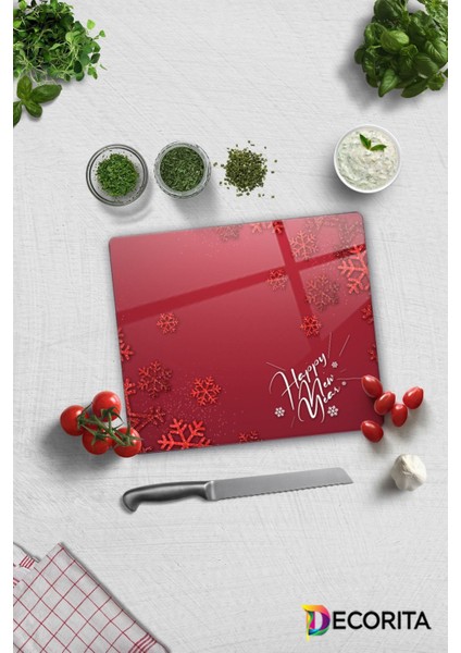 Cam Kesme Tahtası - Cam Kesme Tablası | Happy New Year Kırmızı | 29CM x 34CM