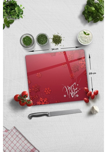 Cam Kesme Tahtası - Cam Kesme Tablası | Happy New Year Kırmızı | 29CM x 34CM modelleri