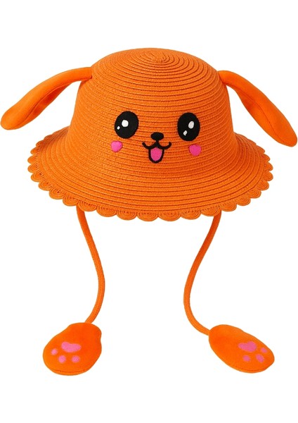 Kulakları Hareket Eden Çocuk Hasır Plaj Fötür Şapkası Turuncu
