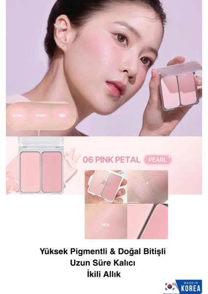 Yüksek Pigmentli & Doğal Bitişli Uzun Süre Kalıcı Ikili Toz Allık 06 Pink Petal