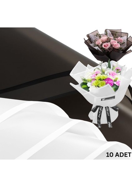 Çiçek Ambalaj Kağıdı Seti, Beyaz-Beyaz&siyah-Siyah, Mat Şeffaf Buket Sargı Kağıdı, 58X58 Cm, 10 Adet