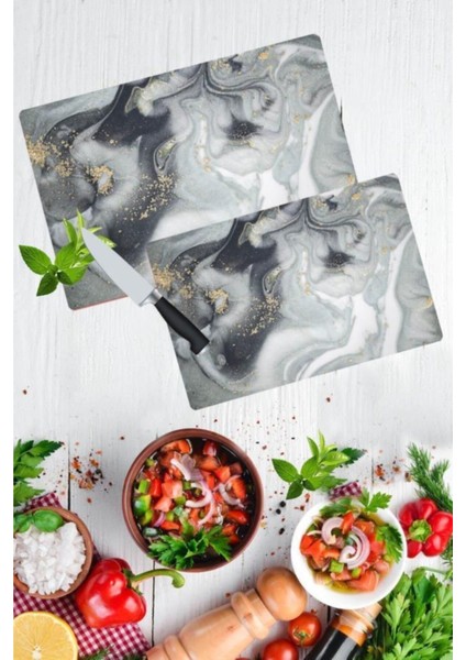 2'li Takım 20X30 & 30X40 Gri Altın Mermer Görünümlü Takım Cam Kesme Tahtası
