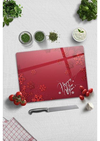 Cam Kesme Tahtası - Cam Kesme Tablası | Happy New Year Kırmızı | 30CM x 40CM fiyatları