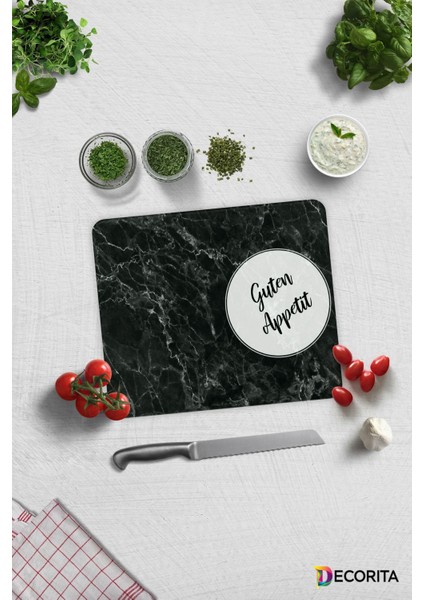 Guten Appetit | Siyah Mermer Görünümlü | Cam Kesme Tahtası - Cam Kesme Tablası | 29CM x 34CM