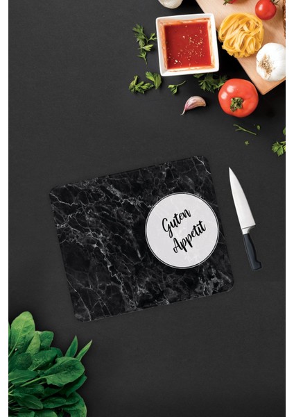 Guten Appetit | Siyah Mermer Görünümlü | Cam Kesme Tahtası - Cam Kesme Tablası | 29CM x 34CM modelleri