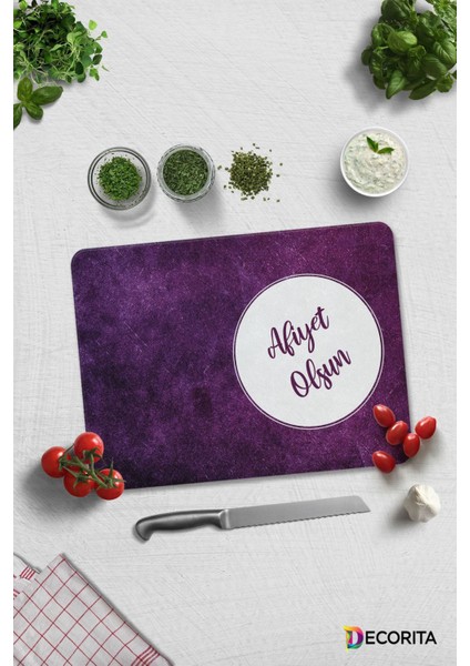 Afiyet Olsun | Mor Doku | Cam Kesme Tahtası - Cam Kesme Tablası | 30CM x 40CM