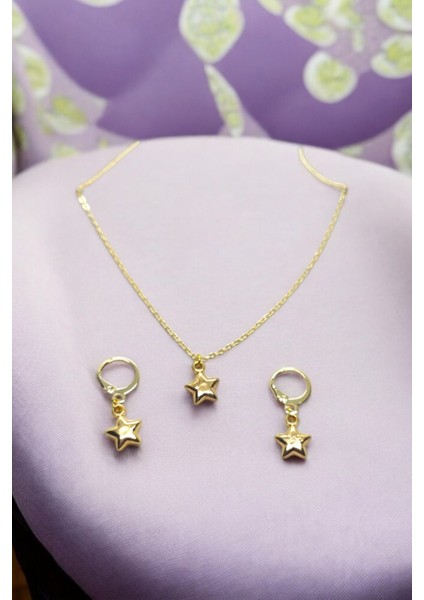 18K Altın Kaplama Huggie Sallantılı Mini Tasarım Çelik Küpe ve Kolye Set