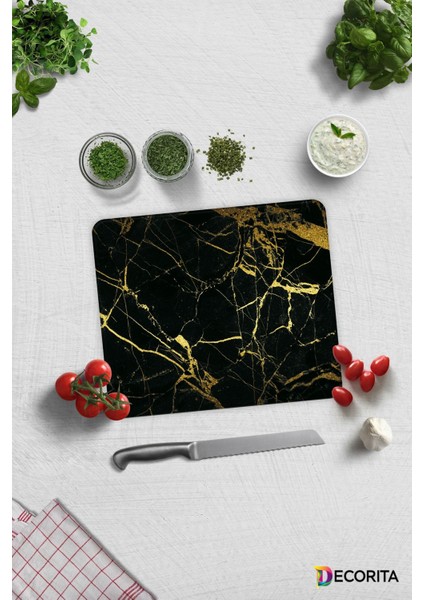 Altın Detaylı Siyah Mermer | Cam Kesme Tahtası - Cam Kesme Tablası | 29CM x 34CM