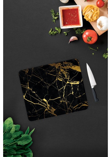 Altın Detaylı Siyah Mermer | Cam Kesme Tahtası - Cam Kesme Tablası | 29CM x 34CM modelleri