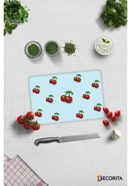 Mavi Dokulu Kiraz Desenli | Cam Kesme Tahtası - Cam Kesme Tablası | 20CM x 30CM