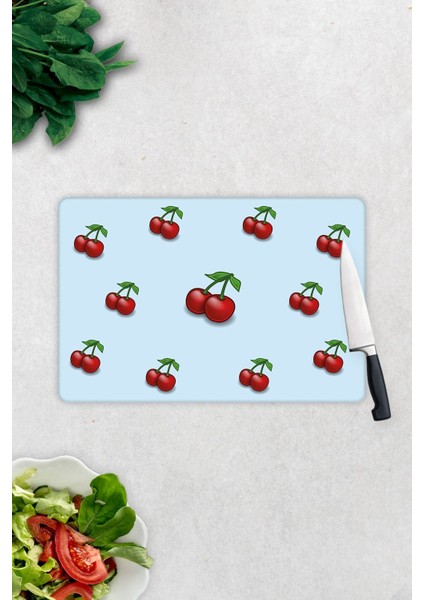 Mavi Dokulu Kiraz Desenli | Cam Kesme Tahtası - Cam Kesme Tablası | 20CM x 30CM fiyatları