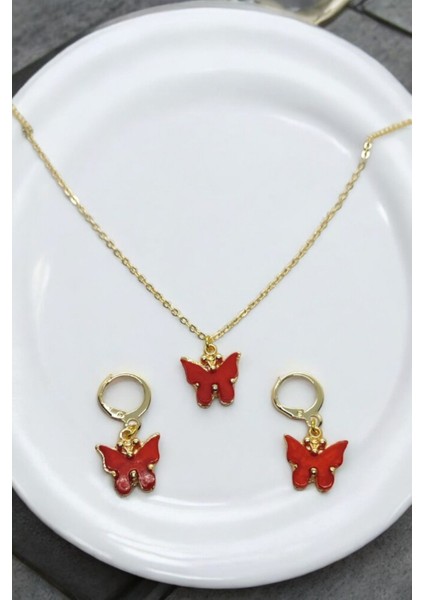 18K Altın Kaplama Huggie Sallantılı Mini Tasarım Çelik Küpe ve Kolye Set