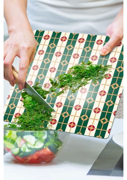 Cam Kesme Tahtası Kare Yeşil Geometrik Desenli 30X30 cm modelleri