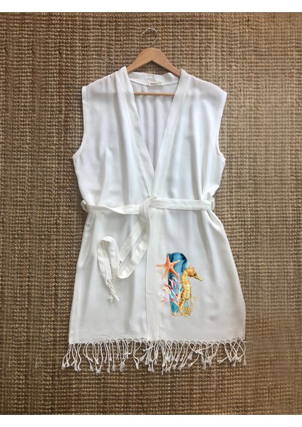 Denizatı Görselli %100 Pamuklu Buldan Bambu Kumaştan Kolsuz Peştemal Kimono Plaj Elbisesi