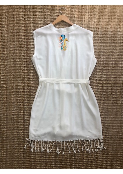Denizatı Görselli %100 Pamuklu Buldan Bambu Kumaştan Kolsuz Peştemal Kimono Plaj Elbisesi