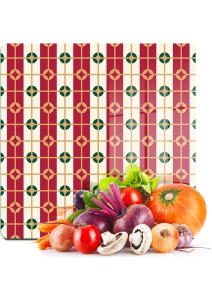 Cam Kesme Tahtası Kare Kırmızı Geometrik Desenli 30X30 cm