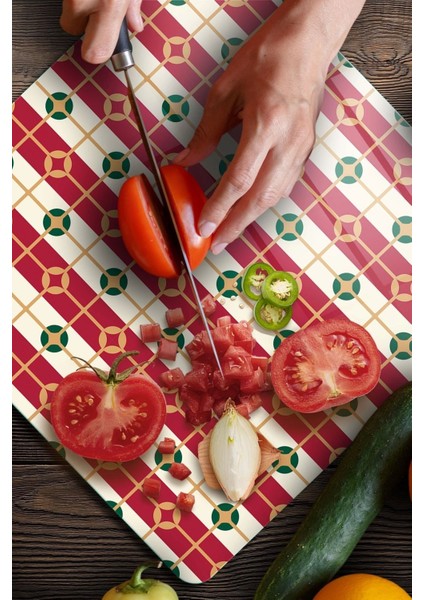 Cam Kesme Tahtası Kare Kırmızı Geometrik Desenli 30X30 cm fiyatları