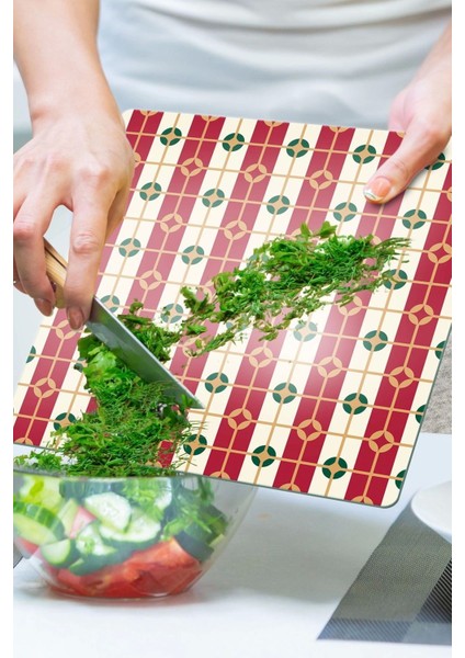 Cam Kesme Tahtası Kare Kırmızı Geometrik Desenli 30X30 cm modelleri