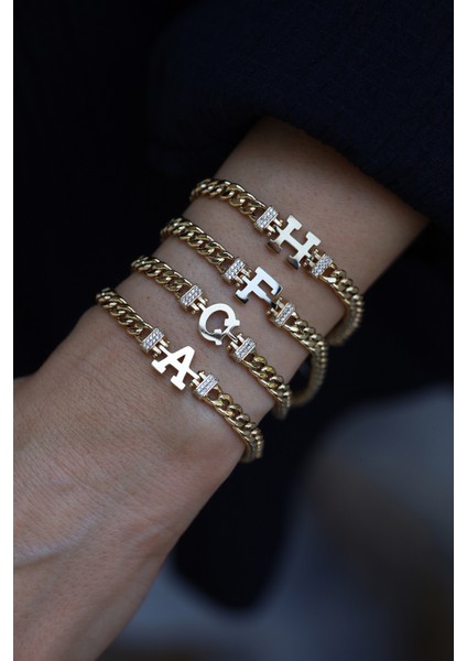 14 Ayar Altın Taşlı Gurmet Zincirli Harfli Bileklik (Tüm Harfler)