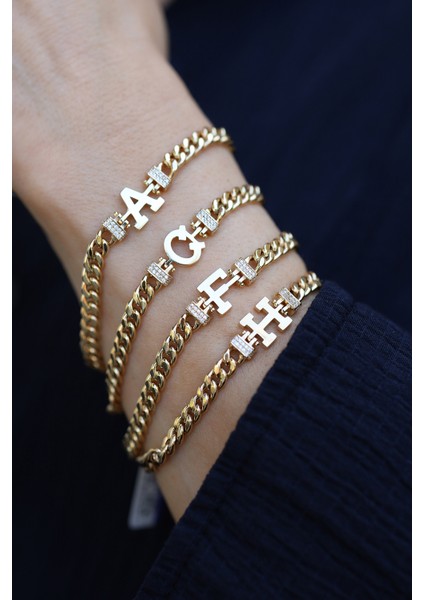 14 Ayar Altın Taşlı Gurmet Zincirli Harfli Bileklik (Tüm Harfler) modelleri