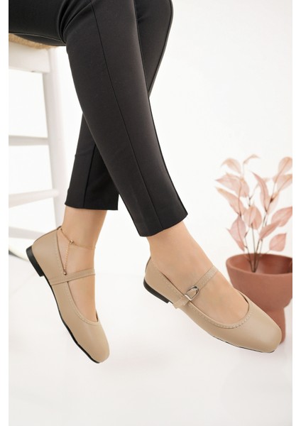 Kadın Babet Bej Bantlı Kemerli Hafif Rahat Şık Iş Ofis Günlük Ayakkabı