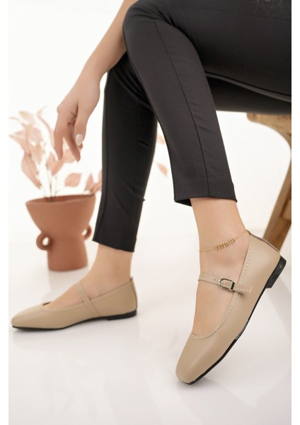 Kadın Babet Bej Bantlı Kemerli Hafif Rahat Şık Iş Ofis Günlük Ayakkabı fiyatları
