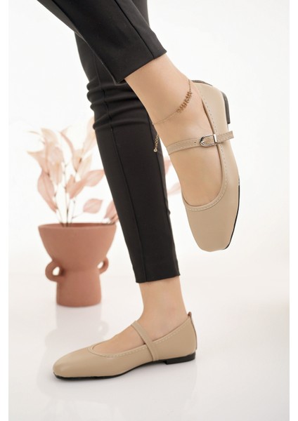 Kadın Babet Bej Bantlı Kemerli Hafif Rahat Şık Iş Ofis Günlük Ayakkabı modelleri