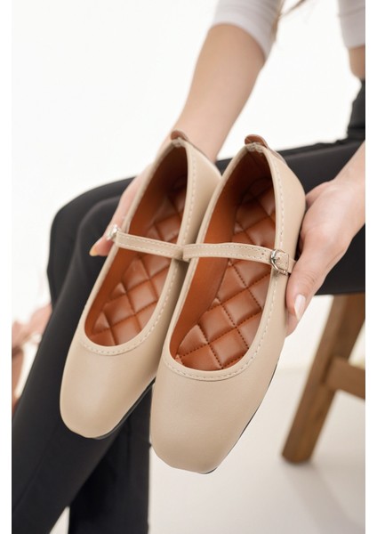 Kadın Babet Bej Bantlı Kemerli Hafif Rahat Şık Iş Ofis Günlük Ayakkabı fırsatları