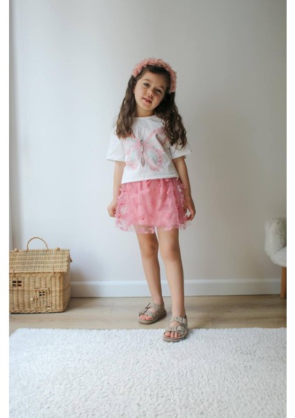 Kız Çocuk Pembe Kelebek Desenli Tişört ve Tüllü Etek Takımı