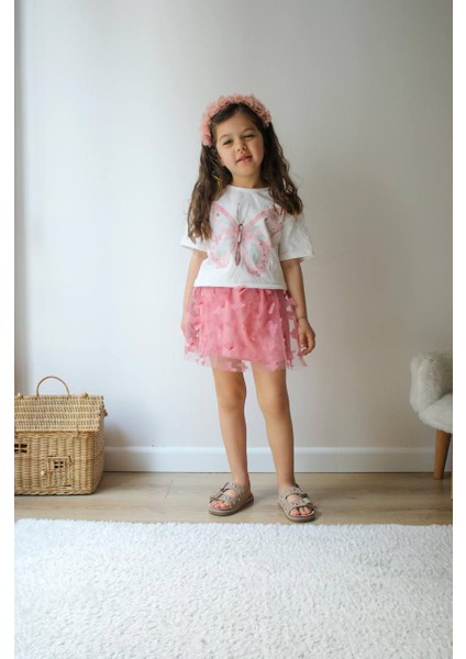 Kız Çocuk Pembe Kelebek Desenli Tişört ve Tüllü Etek Takımı fiyatları