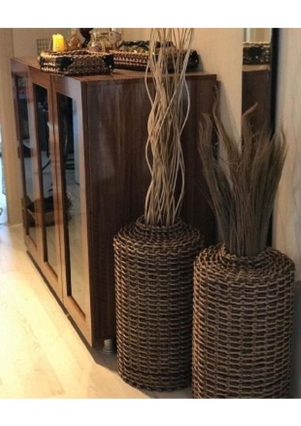 Metal Tel Hasır Örgülü Özel Tasarım Pampas Vazosu 50 cm 2li Set