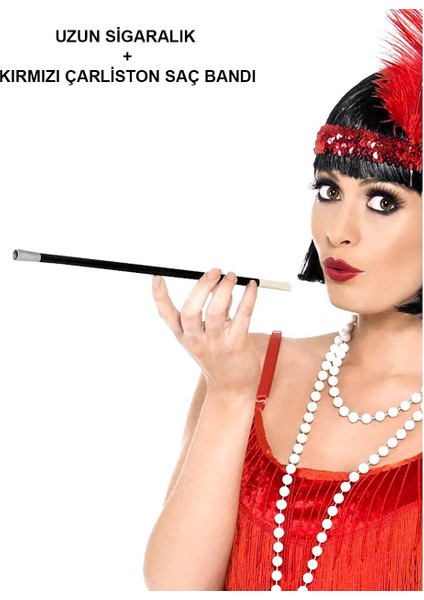 1920&#39;LER 1990&#39;LAR Gatsby Kadın Aksesuar Seti - Kırmızı Charleston Saç Bandı ve Sigaralık