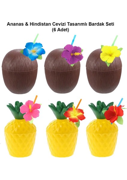 Ananas Lamp; Hindistan Cevizi Tasarımlı Pipetli Bardak Seti (6 Adet)