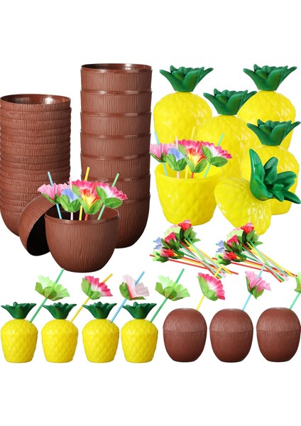Ananas Lamp; Hindistan Cevizi Tasarımlı Pipetli Bardak Seti (6 Adet)