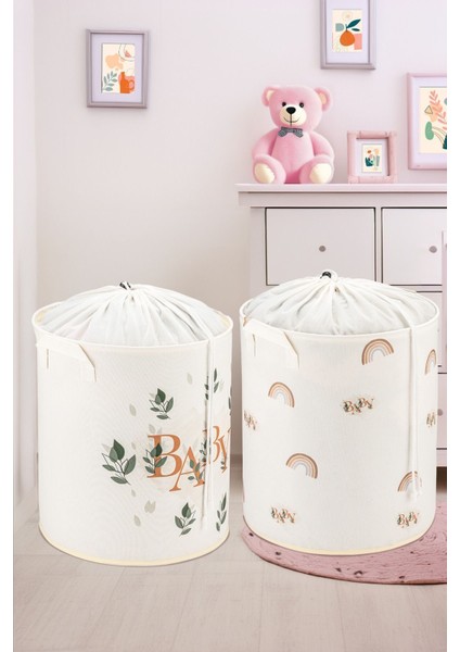 Baby ve Gökkuşağı Tasarımlı 2'li Çocuk Odası Saklama Kutusu Düzenleyici Oyuncak Kirli Sepeti 37X40