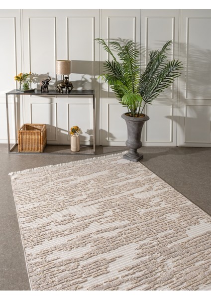 Rio Iskandinav Salon Halısı Mutfak Halısı Yolluk Bukle Dokuma Halı Tozumaz Açık Bej Somon Dekoratif Halı Rıo-01