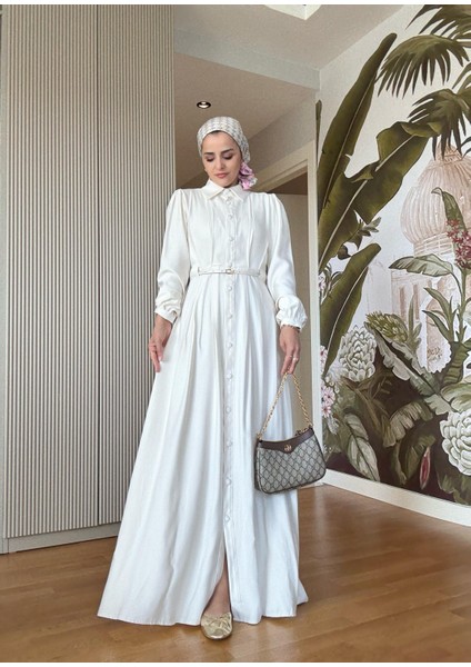Top Düğmeli Ithal Kumaş Kemerli Elbise – Romantik & Zarif Stil (38-46 Beden) Ekru