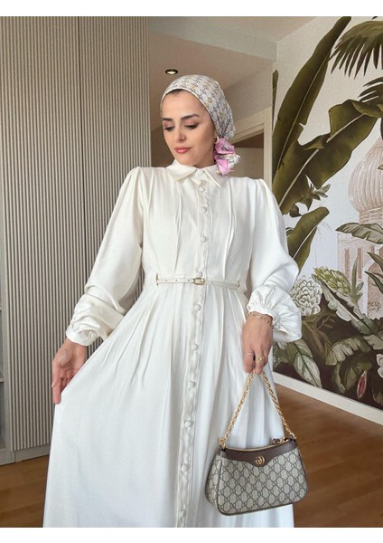 Top Düğmeli Ithal Kumaş Kemerli Elbise – Romantik & Zarif Stil (38-46 Beden) Ekru fırsatları