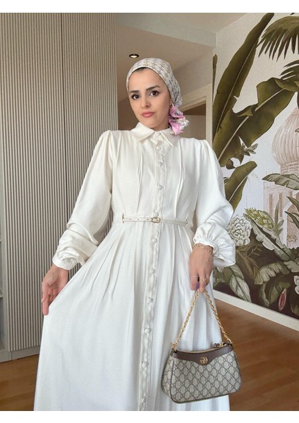 Top Düğmeli Ithal Kumaş Kemerli Elbise – Romantik & Zarif Stil (38-46 Beden) Ekru indirimleri