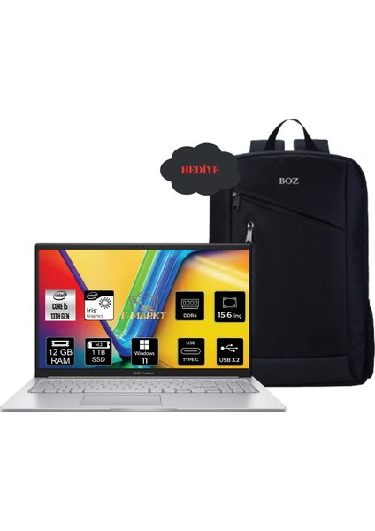 Vivobook 15 X1504VA-NJ412 Intel Core I7-1355U 12GB 1tb SSD Fullhd Windows 11 Taşınabilir Bilgisayar + Boz Çanta