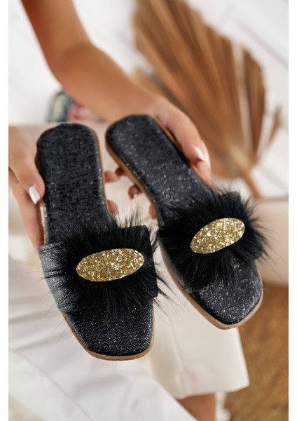 Siyah Tüylü Taşlı Kadın Terlik Şık Günlük Ev Terliği Süslü Çeyiz Doğum Misafir Gelin Terliği