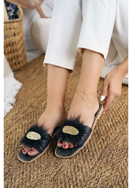 Siyah Tüylü Taşlı Kadın Terlik Şık Günlük Ev Terliği Süslü Çeyiz Doğum Misafir Gelin Terliği fiyatları