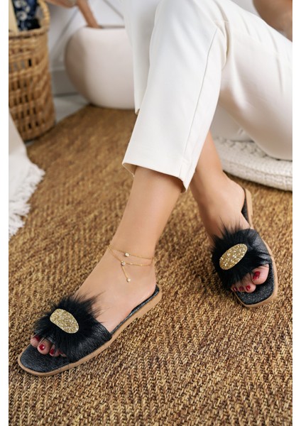 Siyah Tüylü Taşlı Kadın Terlik Şık Günlük Ev Terliği Süslü Çeyiz Doğum Misafir Gelin Terliği modelleri