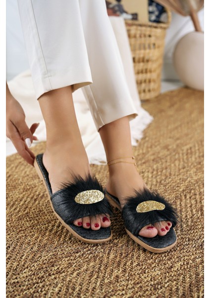 Siyah Tüylü Taşlı Kadın Terlik Şık Günlük Ev Terliği Süslü Çeyiz Doğum Misafir Gelin Terliği fırsatları