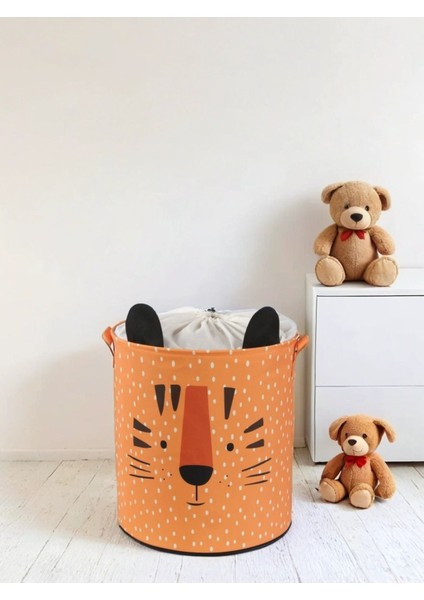 Kaplan Tasarımlı Fileli Bebek Çocuk Odası Düzenleyici Saklama Kutusu Oyuncak Kirli Sepeti 37X40