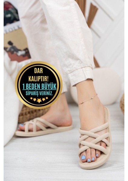 Bej Kaymaz Taban Kadın Terlik Yıkanabilir Kaydırmaz Terlik Deniz Banyo Plaj Çeyiz Bohça Terliği