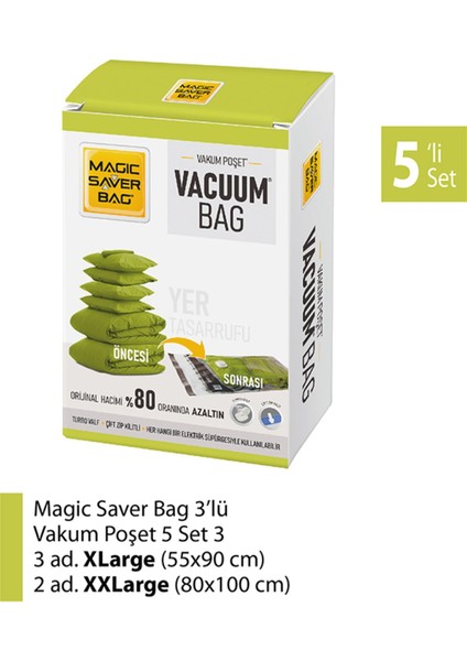 Magic Saver Bag 5'li Vakumlu Poşet Seti (3 L 2 Xxl)