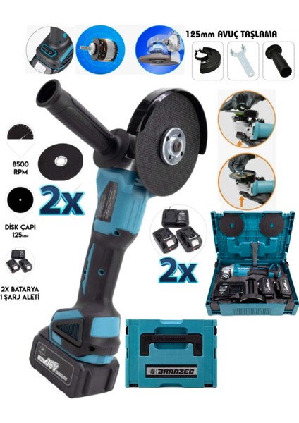 36V Şarjlı Spral Avuç Taşlama Kömürsüz Motor 4 Devirli Spiral Çift Bataryalı Yedek Taşlama Hediye