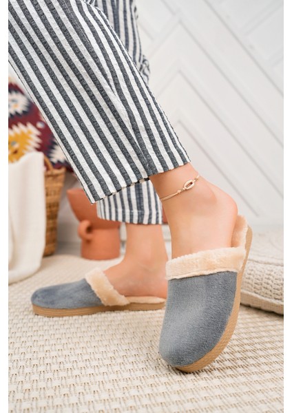 Kışlık Ev Terliği Gri Peluş Yünlü Kadın Terlik Misafir Çeyiz Bohça Gelin Terliği fırsatları